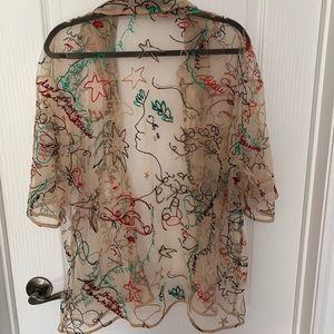 Aritzia Unisex Babaton Sheer Mesh Embroidered Button Down Top